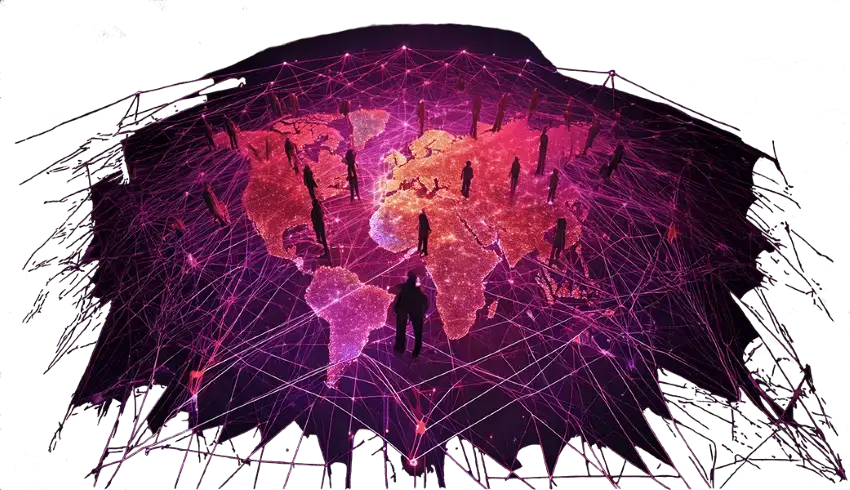 graphic image of a flat world map and people scattered across the world being connected by lines